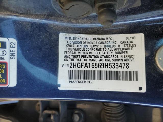 2HGFA16569H533478 - 2009 HONDA CIVIC LX BLUE photo 12