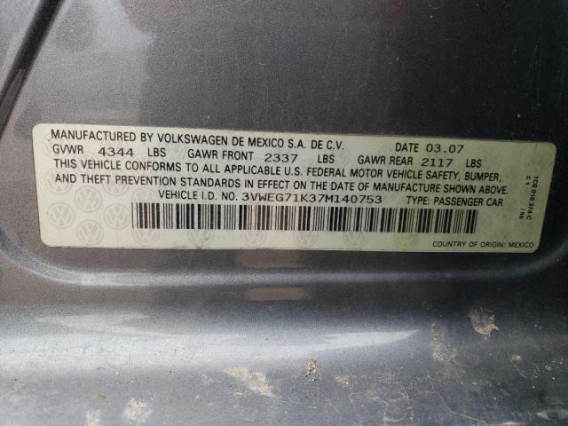 3VWEG71K37M140753 - 2007 VOLKSWAGEN JETTA WOLFSBURG GRAY photo 12