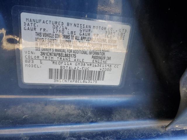 3N1CN7AP8EL863175 - 2014 NISSAN VERSA S BLUE photo 12