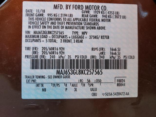 MAJ6S3GL8KC257565 - 2019 FORD ECOSPORT SE ORANGE photo 13