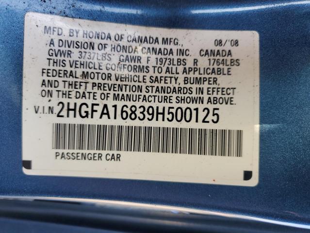 2HGFA16839H500125 - 2009 HONDA CIVIC EX BLUE photo 12