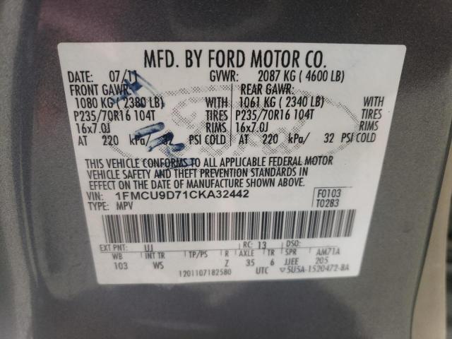 1FMCU9D71CKA32442 - 2012 FORD ESCAPE XLT GRAY photo 12