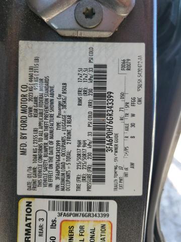 3FA6P0H76GR343399 - 2016 FORD FUSION SE GRAY photo 12