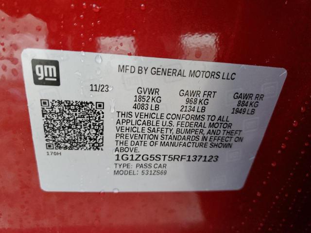 1G1ZG5ST5RF137123 - 2024 CHEVROLET MALIBU RS წითელი ფოტო 12