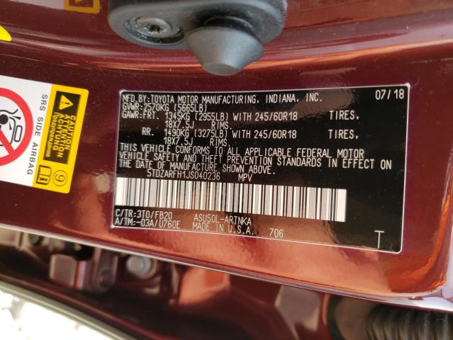 5TDZARFH1JS040236 - 2018 TOYOTA HIGHLANDER LE BURGUNDY photo 13