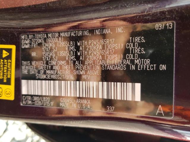 5TDBK3EH8DS217916 - 2013 TOYOTA HIGHLANDER BASE Bordeaux photo 13