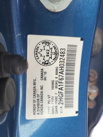 2HGFA1F67AH032483 - 2010 HONDA CIVIC LX-S أزرق صورة 12