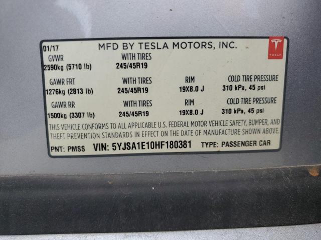 5YJSA1E10HF180381 - 2017 TESLA MODEL S Արծաթագույն լուսանկար 12