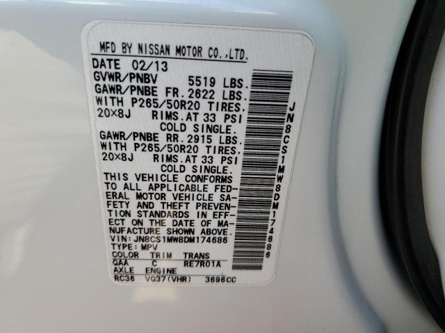 JN8CS1MW8DM174686 - 2013 INFINITI FX37 WHITE photo 13