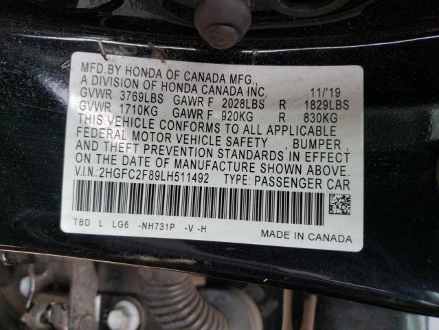 2HGFC2F89LH511492 - 2020 HONDA CIVIC SPORT 黑色 照片 12