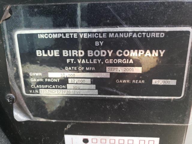 1BDJNCP722F201244 - 2002 BLUE BIRD INCOMPLETE TWO TONE photo 10