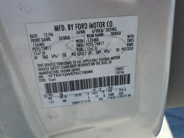 1FTRX12W57KC18086 - 2007 FORD F150 银色 照片 12