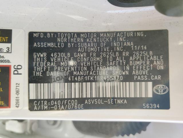 4T4BF1FK1FR455870 - 2015 TOYOTA CAMRY LE WHITE photo 12