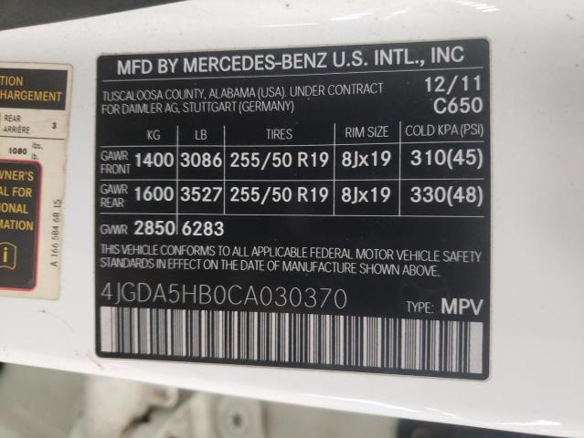 4JGDA5HB0CA030370 - 2012 MERCEDES-BENZ ML 350 4MATIC WHITE photo 12