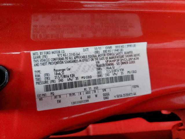 1FAHP3F21CL281436 - 2012 FORD FOCUS SE RED photo 12