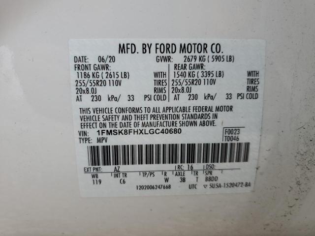 1FMSK8FHXLGC40680 - 2020 FORD EXPLORER LIMITED WHITE photo 14