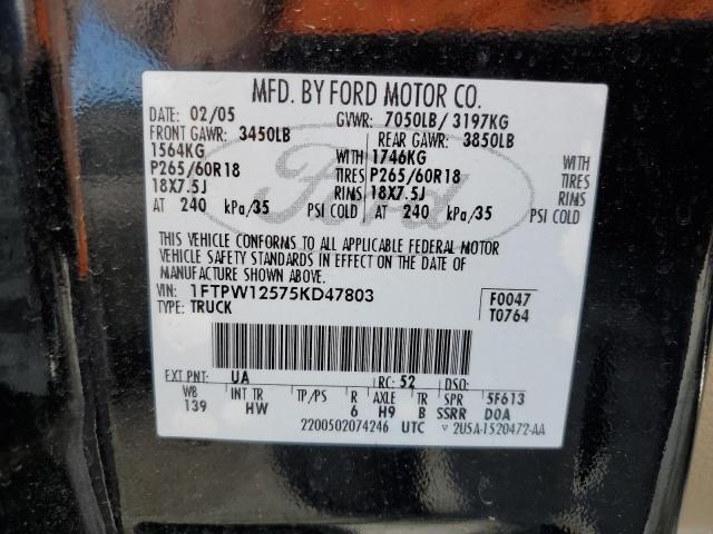 1FTPW12575KD47803 - 2005 FORD F150 SUPERCREW BLACK photo 12