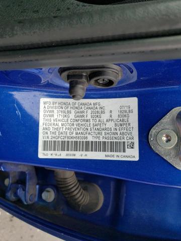 2HGFC2F80KH583096 - 2019 HONDA CIVIC SPORT 蓝色 照片 13