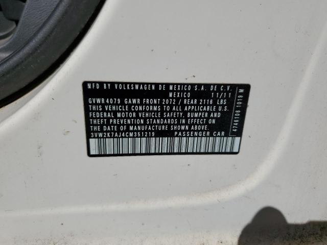 3VW2K7AJ4CM351219 - 2012 VOLKSWAGEN JETTA BASE أبيض صورة 12