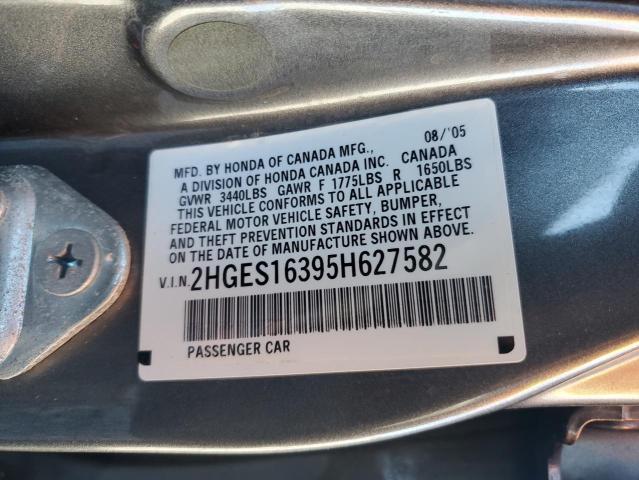 2HGES16395H627582 - 2005 HONDA CIVIC DX VP ნაცრისფერი ფოტო 12