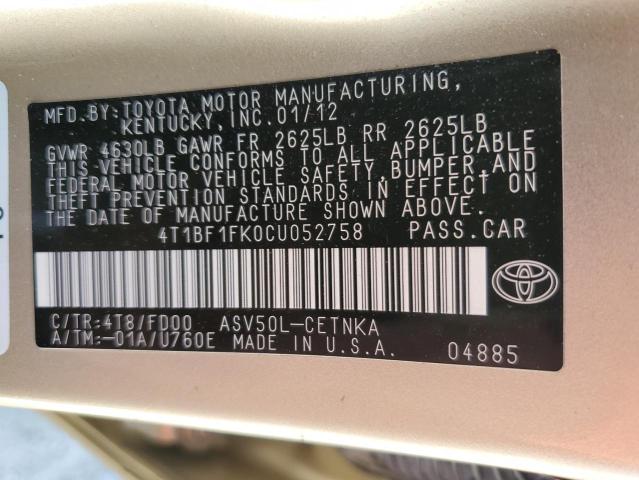 4T1BF1FK0CU052758 - 2012 TOYOTA CAMRY BASE TAN photo 13