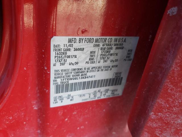 1FTRW08L13KB47411 - 2003 FORD F150 SUPERCREW RED photo 12