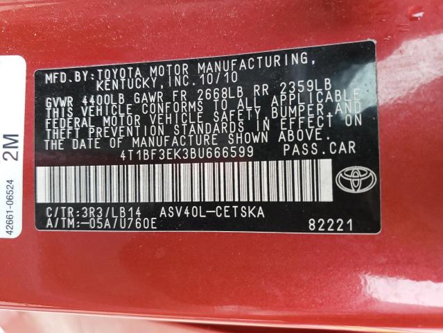 4T1BF3EK3BU666599 - 2011 TOYOTA CAMRY BASE RED photo 12