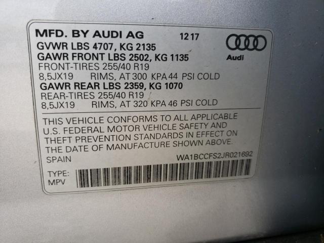 WA1BCCFS2JR021692 - 2018 AUDI Q3 PREMIUM SILVER photo 14