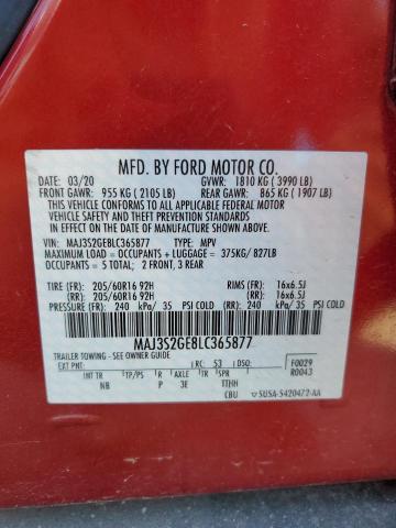 MAJ3S2GE8LC365877 - 2020 FORD ECOSPORT SE 勃艮第红 照片 12