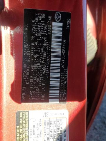 4T1BE46K97U117780 - 2007 TOYOTA CAMRY CE RED photo 12