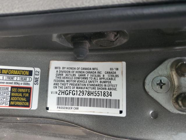 2HGFG12978H551834 - 2008 HONDA CIVIC EXL ვერცხლისფერი ფოტო 12