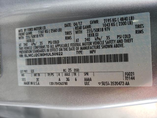 5LMCJ2C90HUL50922 - 2017 LINCOLN MKC SELECT Արծաթագույն լուսանկար 13