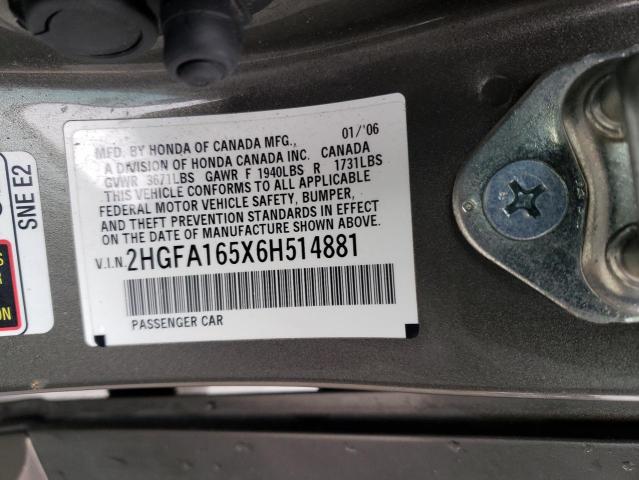 2HGFA165X6H514881 - 2006 HONDA CIVIC LX GRAY photo 12