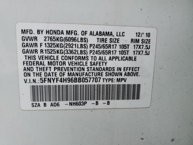 5FNYF4H96BB057707 - 2011 HONDA PILOT TOURING WHITE photo 13