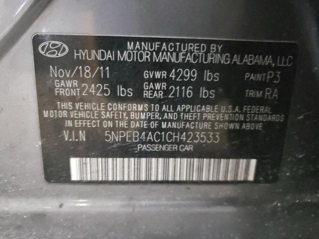 5NPEB4AC1CH423533 - 2012 HYUNDAI SONATA GLS GRAY photo 12