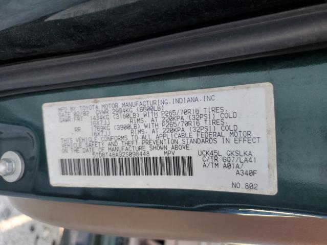 5TDBT48A92S098448 - 2002 TOYOTA SEQUOIA LIMITED GREEN photo 14