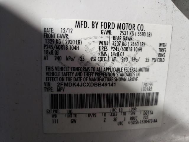 2FMDK4JCXDBB49141 - 2013 FORD EDGE SEL WHITE photo 12