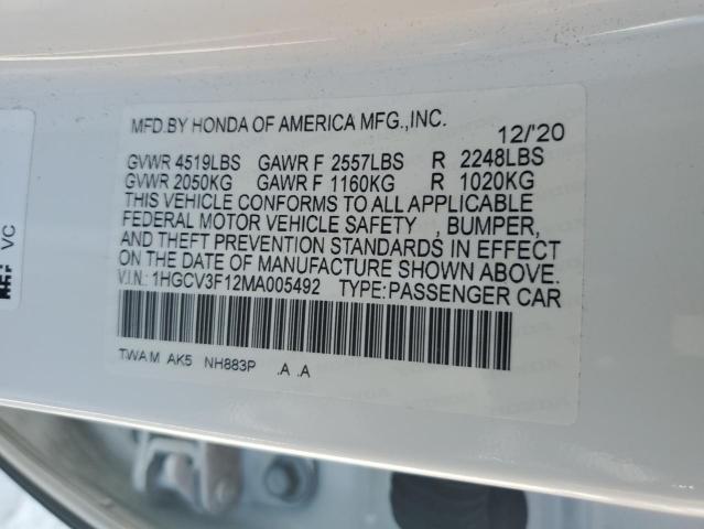 1HGCV3F12MA005492 - 2021 HONDA ACCORD HYBRID WHITE photo 12