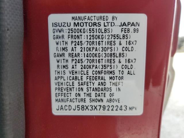 JACDJ58X3X7922243 - 1999 ISUZU TROOPER S RED photo 13