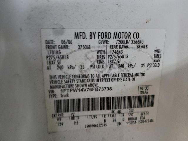 1FTPW14V76FB73738 - 2006 FORD F150 SUPERCREW WHITE photo 12