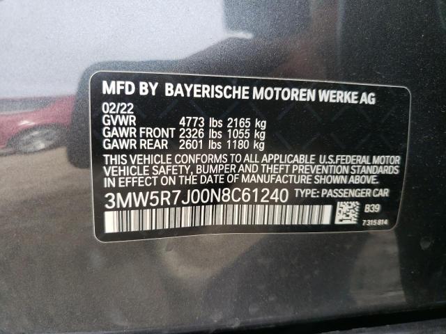 3MW5R7J00N8C61240 - 2022 BMW 330XI GRAY photo 12