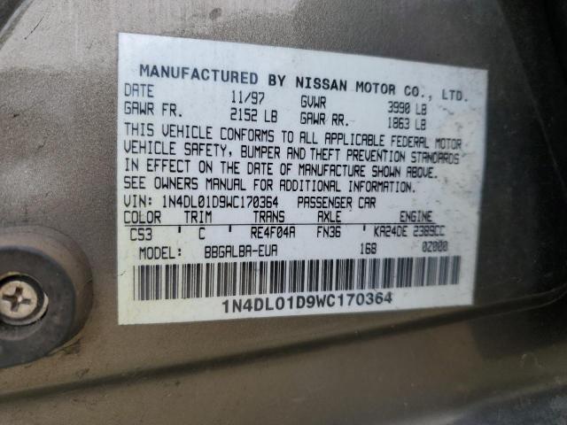 1N4DL01D9WC170364 - 1998 NISSAN ALTIMA XE BEIGE photo 12