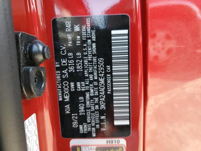 3KPA24AD5ME429509 - 2021 KIA RIO LX RED photo 12