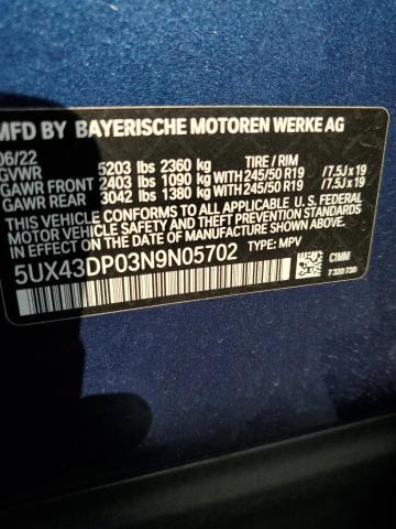 5UX43DP03N9N05702 - 2022 BMW X3 SDRIVE30I BLUE photo 14