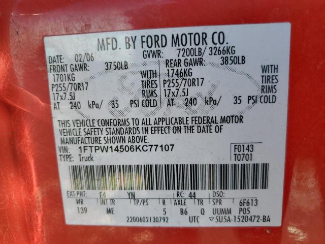 1FTPW14506KC77107 - 2006 FORD F150 SUPERCREW RED photo 12