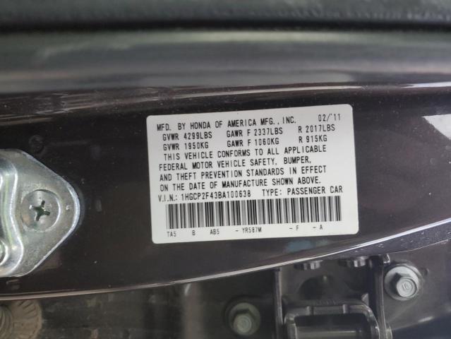 1HGCP2F43BA100638 - 2011 HONDA ACCORD LXP CHARCOAL photo 12