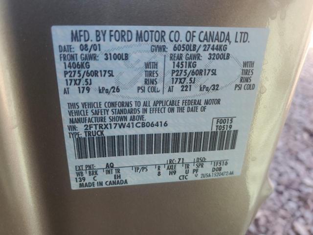 2FTRX17W41CB06416 - 2001 FORD F150 BEIGE photo 12