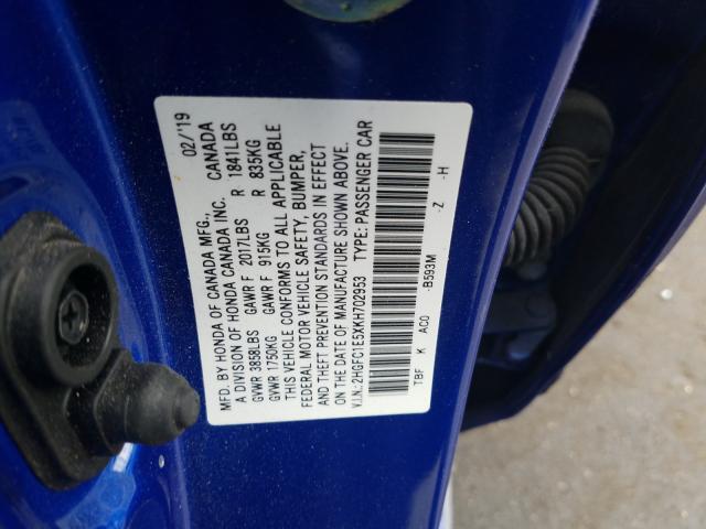 2HGFC1E5XKH702953 - 2019 HONDA CIVIC SI BLUE photo 10