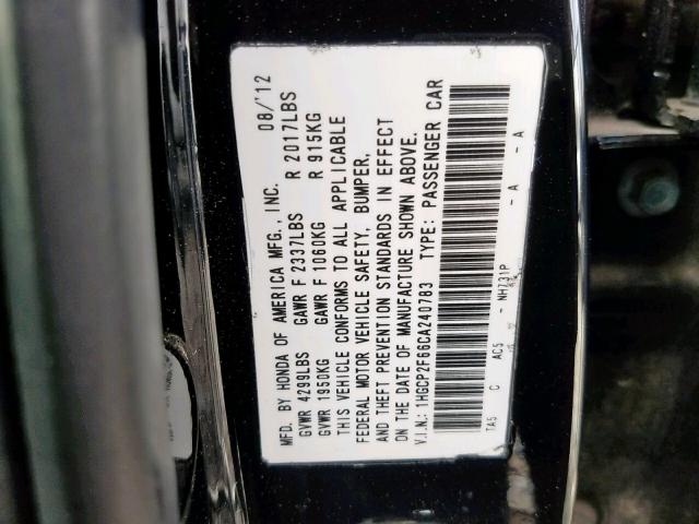 1HGCP2F66CA240783 - 2012 HONDA ACCORD SE  photo 10