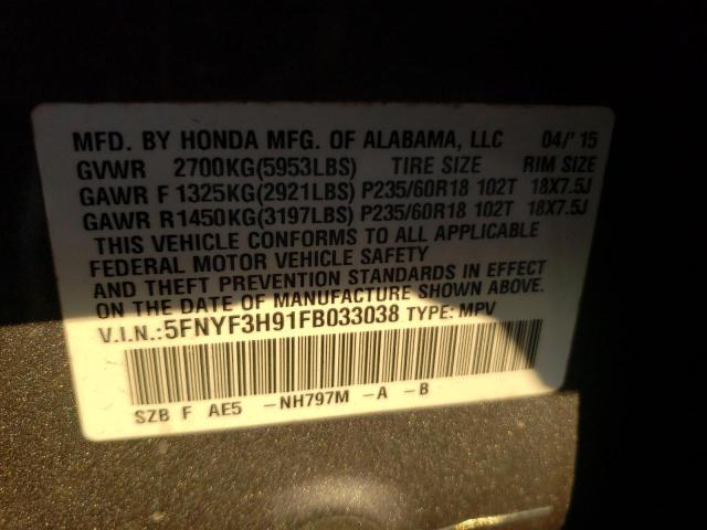 5FNYF3H91FB033038 - 2015 HONDA PILOT TOURING GRAY photo 12